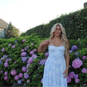 Elegant Blue Floral Strapless Dress